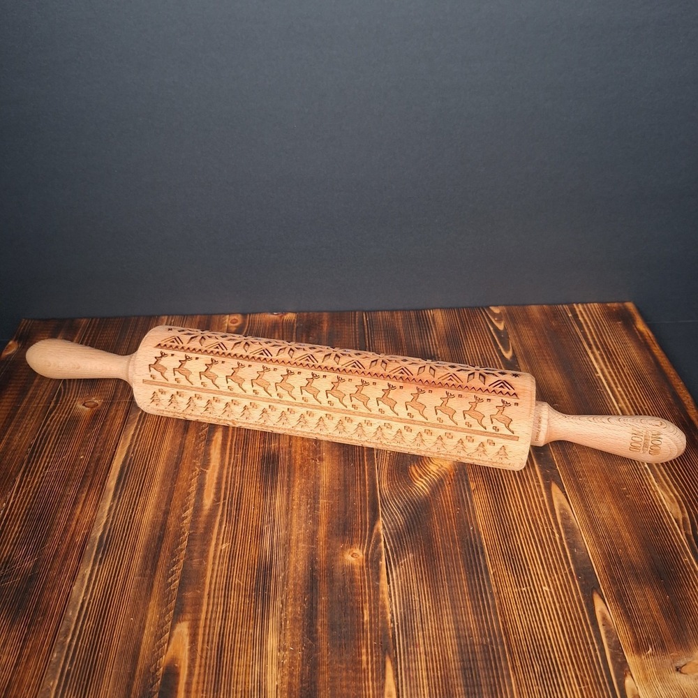 Mood For Wood Handcrafted Embossed Rolling Pin Christmas Reindeer Poland NEW